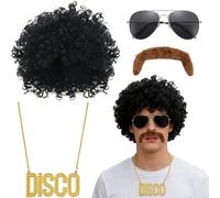Set Accessori Disco Anni 70: Parrucca Afro + Occhiali + Baffi + Collana "DISCO" - Ideale per Costume Disco e Feste Tematiche (Nero)