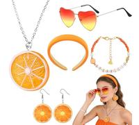 Set Accessori Donna 5 Pezzi - Occhiali da Sole a Cuore, Orecchini, Collana, Bracciale e Fascia per Capelli - Arancione Vivace per Carnevale, Feste, Spiaggia e Party