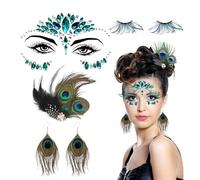 Set Accessori Donna Ispirato al Pavone, CIYIN Costume da Pavone 4 Pezzi, Fermaglio Capelli Piume, Orecchini Piuma, Ciglia Finte, Faccia con Strass, Elegante Accessori da Costume da Pavone