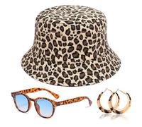 Set Accessori Moda Leopardo 3 Pezzi,Cappello da Sole Reversibile+ Orecchini Leopardo + Occhiali da Sole Leopard,Completo Trendy per Donna, Vacanze, Spiaggia e Shopping