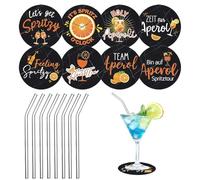 Set Accessori per Aperol Spritz - 8 Cannucce di Vetro e 8 Sottobicchieri in Feltro, Regalo Perfetto per Amanti di Aperol Spritz, Ideale per Cocktail e Bevande Estive, Set Completo di 16 Pezz