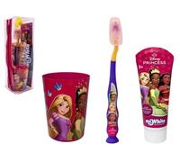 Set accessori per la cura dell'igiene orale per bambini Principesse Disney 4 pezzi spazzolino manuale dentifricio bicchiere pochette