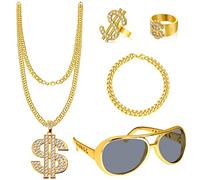 Set Accessori Rapper Costume ，'80 '90 Accessorio Hip Hop，Accessori Rapper Costume con Anello Segno del Dollaro+ Occhiali da sole Retrò+Bracciali +Occhiali,Kit Costume Hip Hop per Carnevale e Cosplay
