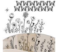 Set Adesivi Murali Floreali Neri con 12 Farfalle Decorazione per Camera Styling