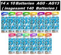 Set AG0 AG13 (14 Blistercards a 10 Batterie ognuna AG 0,1,2,3,4,5,6,7,8,9,10,11,12,13); (C); Eunicell