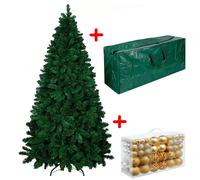 Set Albero Di Natale 210 Cm Con Sacca Effetto E 100 Palline Oro Effetto Reale 1078 Rami Foltissimo Molto Folto Rami A Gancio Base A Croce Sicura In Metallo Doppia Foglia Colorata Abete Natalizio