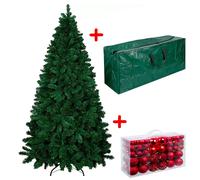 Set Albero Di Natale 210 Cm Con Sacca Effetto E 100 Palline Rosse Effetto Reale 1078 Rami Foltissimo Molto Folto Rami A Gancio Base A Croce Sicura In Metallo Doppia Foglia Colorata Abete Natalizio