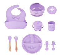 Set Alimentazione Bambino in Silicone Personalizzato con Nome Inciso Kit Svezzamento Autonomo (BLW) Bavaglino, Bicchiere, Piatto Divisorio, Ciotola, Cucchiaio, Forchetta | Stoviglie Neonati e Bambini