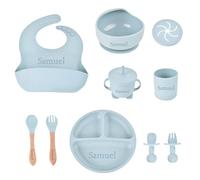 Set Alimentazione Bambino in Silicone Personalizzato con Nome Inciso Kit Svezzamento Autonomo (BLW) Bavaglino, Bicchiere, Piatto Divisorio, Ciotola, Cucchiaio, Forchetta | Stoviglie Neonati e Bambini