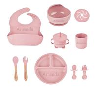 Set Alimentazione Bambino in Silicone Personalizzato con Nome Inciso Kit Svezzamento Autonomo (BLW) Bavaglino, Bicchiere, Piatto Divisorio, Ciotola, Cucchiaio, Forchetta | Stoviglie Neonati e Bambini
