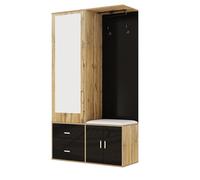Set appendiabiti con specchio, armadio con scarpiera, asta allungabile, gancio e scarpiera, guardaroba compatto, da corridoio con vano portaoggetti, bianco + naturale (nero + naturale)