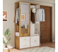 Set appendiabiti con specchio e scarpiera - 100 x 38 x 180 cm - guardaroba da corridoio con panchina, asta appendiabiti allungabile e gancio nascosto per 6 giacche, guardaroba con scarpiera e cassetti