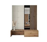 Set appendiabiti Paladura I, scarpiera + specchio + pannello lamellare con gancio + imbottito/parete, appendiabiti da corridoio, rovere Artisan, Manila 02