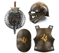 Set armatura per bambini, elmo da cavaliere in bronzo, pettorale, scudo in bronzo e spada d'oro e scudo, costume per bambini storico medievale