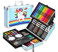 Set artistico da 145 pezzi per bambini, con custodia a tema unicorno, kit per disegnare e dipingere con pastelli ad olio, acquerelli, matite colorate, penna per schizzi (confezione da 1, blu)