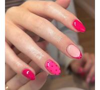 Set artistico da 24 pezzi con punta francese, rosa a pois, lucido, ovale, con pizzo decorativo e fiocco, set artistico corto, pezzo artistico a pois con fiocchi