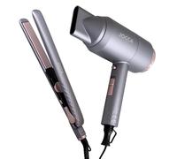 Set asciugacapelli 2200 W + piastra per capelli 45 W - motore DC, 2 velocità, 2 temperature, funzione fredda, piastre in ceramica galleggianti, riscaldatore PTC, design grigio scuro e rosa