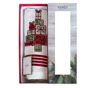 Set Asciugamani Bagno Vingi Natalizio 1+1 "Pacco Regalo" Viso Ospite 100% Spugna