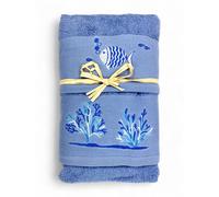 Set Asciugamani Mare Blu Pesci Coralli - Spugna 100% Cotone - Ricamo Nautico Bia