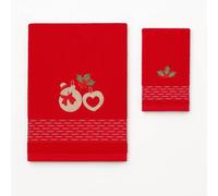 Set Asciugamani Natalizi 2 Pezzi Spugna Rosso Ricamo Campanelle Agrifoglio