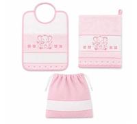 Set Asilo 3 Pezzi in Cotone con Tela Aida da Ricamare, Rosa, Elefantino