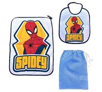 Set asilo 3 pezzi Spiderman, Marvel, bavaglino e tovaglietta con retro plastificato, sacca, completo per il pranzo