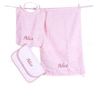 Set Asilo Bimba colore rosa Personalizzato Rosa con Nome Ricamato a Mano,100% Cotone Italiano, Bavaglino Bambina + Asciugamano Bambina + Bustina