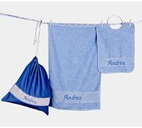 Set Asilo Bimbi Personalizzato Colore Azzurro con Nome Ricamato a Mano, 100% Cotone Italiano, Bavaglino Bambino + Asciugamano Bambino + Sacca