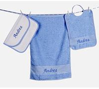 Set Asilo Bimbi Personalizzato Colore Azzurro con Nome Ricamato a Mano,100% Cotone Italiano, Bavaglino Bambino + Asciugamano Bambino + Bustina