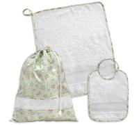 Set asilo da ricamare a punto croce, tre pezzi: sacchetto, salvietta e bavaglia, Coordinato asilo tre pezzi con tela aida, Set scuola materna (87 ANIMALETTI VERDE)