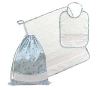 Set Asilo da ricamare a Punto Croce, Tre Pezzi, Sacchetto salvietta e bavaglia, Spugna Bianca con Tela Aida, Set per la Scuola Materna Fantasia Coniglietti (07 Azzurro)