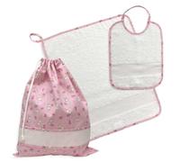 Set Asilo da ricamare a Punto Croce, Tre Pezzi, Sacchetto salvietta e bavaglia, Spugna Bianca con Tela Aida, Set per la Scuola Materna Fantasia Coniglietti (05 Rosa)