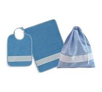 Set asilo da ricamare a punto croce, tre pezzi, sacchetto salvietta e bavaglia, spugna colorata, tela aida, punto croce, fantasia quadretto azzurro, spugna azzurro