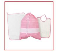 Set Asilo da Ricamare, Bavaglia 28x35,5 cm, Salvietta 35x50 cm, Sacchetto 34x41 cm, con Tela Aida (rosa)