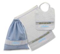 Set asilo personalizzato con nome ricamato, Set asilo personalizzato, Set asilo 3 pezzi: Bavaglia in spugna con elastico, Salvietta in spugna, Sacchetto a quadretti, Treno azzurro