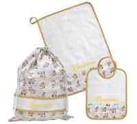 Set asilo personalizzato con nome ricamato, Set asilo personalizzato, Set asilo 3 pezzi: Bavaglia in spugna con elastico, Salvietta in spugna, Sacchetto a fantasia (03 Giallo)