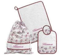 Set asilo personalizzato con nome ricamato, Set asilo personalizzato, Set asilo 3 pezzi: Bavaglia in spugna con elastico, Salvietta in spugna, Sacchetto a fantasia (09 Vinaccia)