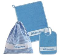 Set asilo personalizzato La Chiocciolina, 3 pezzi: bavaglia, salvietta e sacchetto a quadretti, cotone 100% spugna colorata, ricamato con nome, azzurro scuro