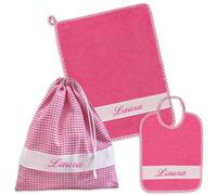 Set asilo personalizzato La Chiocciolina, 3 pezzi: bavaglia, salvietta e sacchetto a quadretti, cotone fucsia, Made in Italy