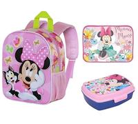Set Asilo Scuola 3 Pezzi Minnie Disney - Zainetto 3D con Spallacci Imbottiti, Tovaglietta Impermeabile Ripiegabile 40x30 cm, Portapranzo Senza BPA Riutilizzabile e Lavabile
