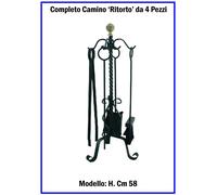 Set Attrezzi Camino Attrezzatura Caminetto Kit Completo da 4 Pz in Ferro Battuto