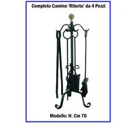 Set Attrezzi Camino Attrezzatura Caminetto Kit Completo da 4 Pz in Ferro Battuto