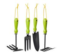 Relaxdays Set Attrezzi Giardino, Kit da 4 pz., Tridente, Rastrello, Paletta & Zappetta, Giardinaggio, Ferro, Verde