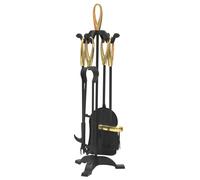 Set Attrezzi per Camino in Acciaio Mod Elisse Ottone 4 Attrezzi e supporto