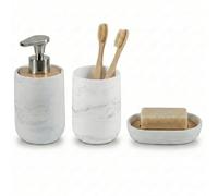 Set Bagno 3 Pezzi, Dispenser Sapone, Bicchiere e Portasapone, Serie Marmo | Resina bianca e bambù, pompa in lega di zinco, accessori completi moderni e resistenti, saponetta