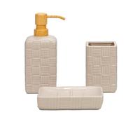 Set Bagno 3 pezzi in Ceramica Beige con finitura a rilievo Dispenser, bicchiere porta spazzolini e porta saponetta