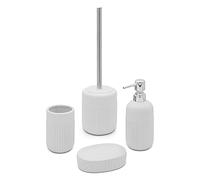 Set Bagno Accessori Completo - 4 Pezzi, Kit Accessori appoggio Bianco, Include Dispenser, portaspazzolini, portasapone e scopino WC, Linea Cup