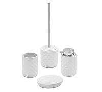 Set Bagno Accessori Completo - 4 Pezzi, Kit Accessori appoggio Ceramica, Include Dispenser, portaspazzolini, portasapone e scopino WC, Linea Cristal