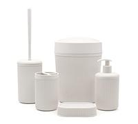 Set bagno accessori completo - 5 pezzi, kit accessori appoggio colorato beige, include dispenser, portaspazzolini, portasapone, scopino wc e pattumiera 4,2 lt, linea Ring