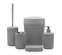 Set bagno accessori completo - 5 pezzi, kit accessori appoggio colorato grigio, include dispenser, portaspazzolini, portasapone, scopino wc e pattumiera 4,2 lt, linea Ring